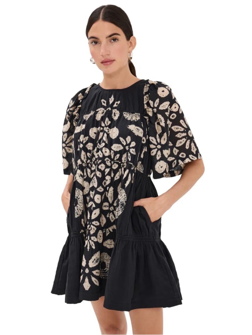 SEA Thea Tie-dye print mini dress gathered cotton black white women large NWT